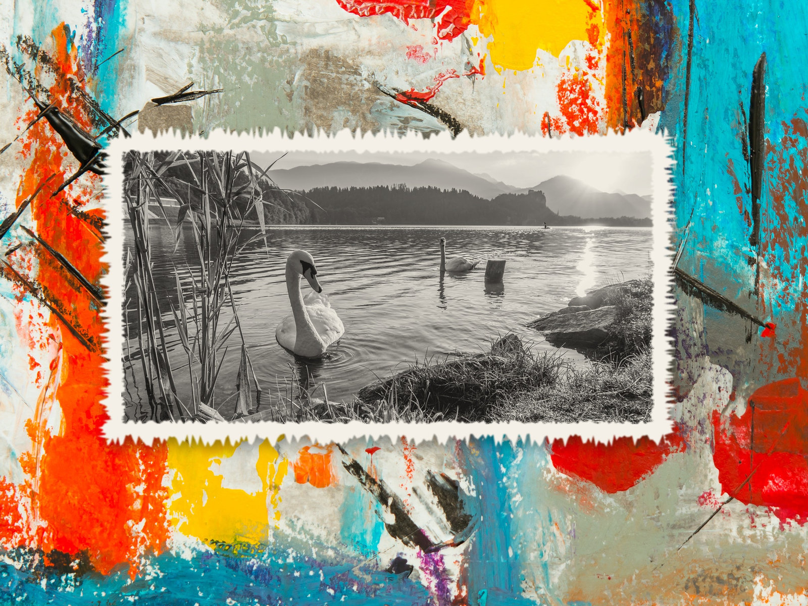Detail of Still Water: a torn black and white photograph of a lake set into red, yellow and teal paint