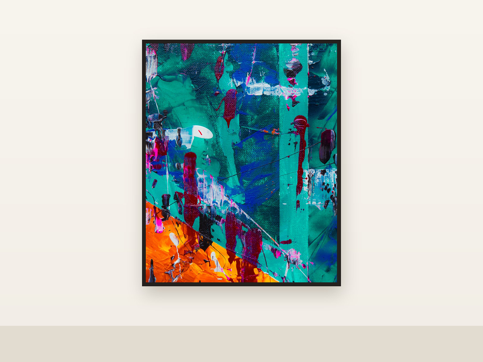 Ember Line, an abstract painting in teal and orange, on a gallery wall